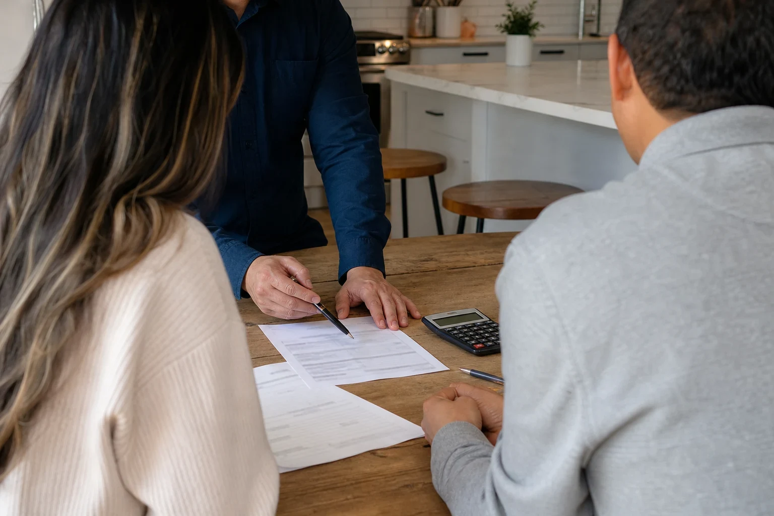 Agent in a navy shirt points a pen at printed papers on a wooden kitchen table as a couple looks on, with a calculator, a second pen and a white kitchen behind